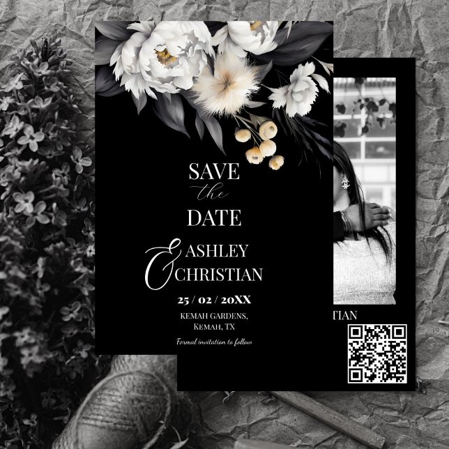 Black and white elegant boho photo template (Black and white elegant boho editable photo template save the date modern qr details save the date)
