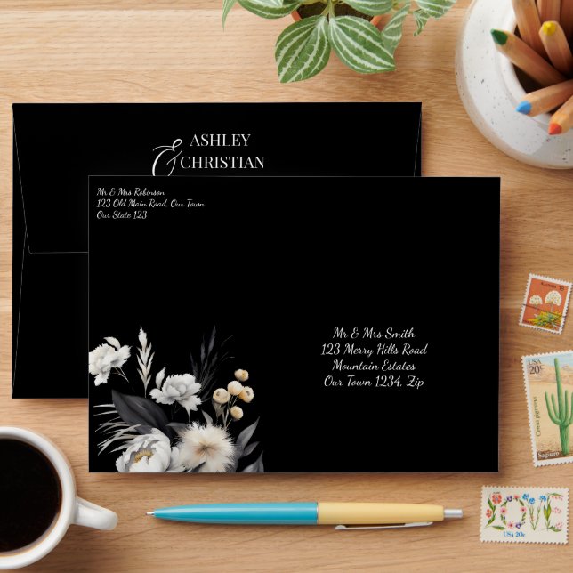 Black and white elegant boho wedding addressed envelope (Desk)
