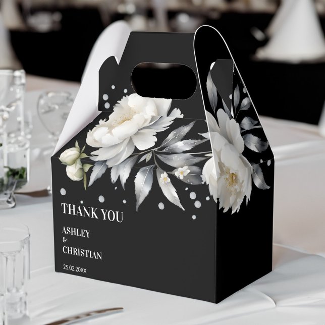 Black and white elegant boho wedding favor boxes (Black and white elegant boho white peonies wedding favor box personalized favor boxes black)