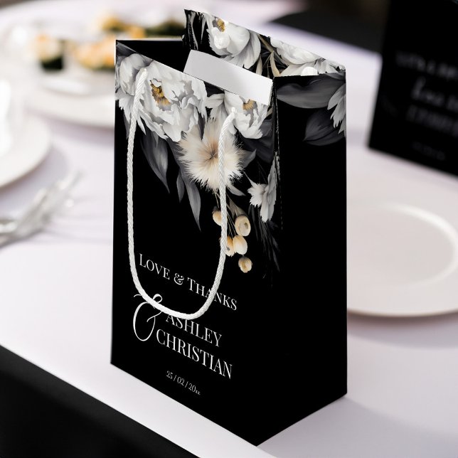 Black and white elegant boho wedding favor small gift bag (Black and white elegant boho wedding favors personalized  gift bag white peonies gift bag thank you )
