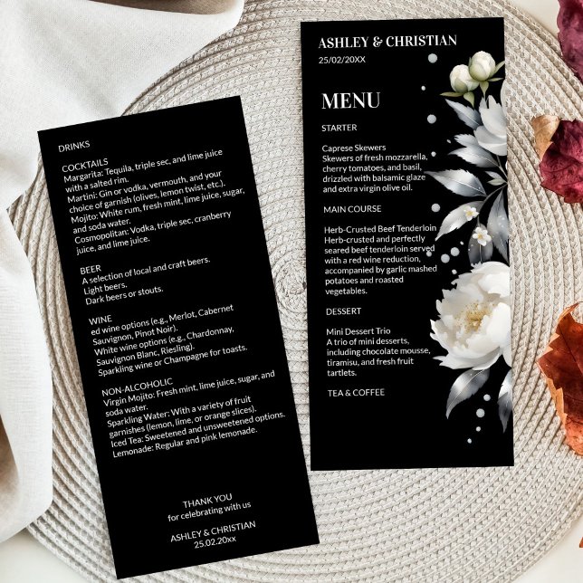 Black and white elegant boho wedding template (Black and white elegant boho wedding template menu card white silver peonies black menu cards)