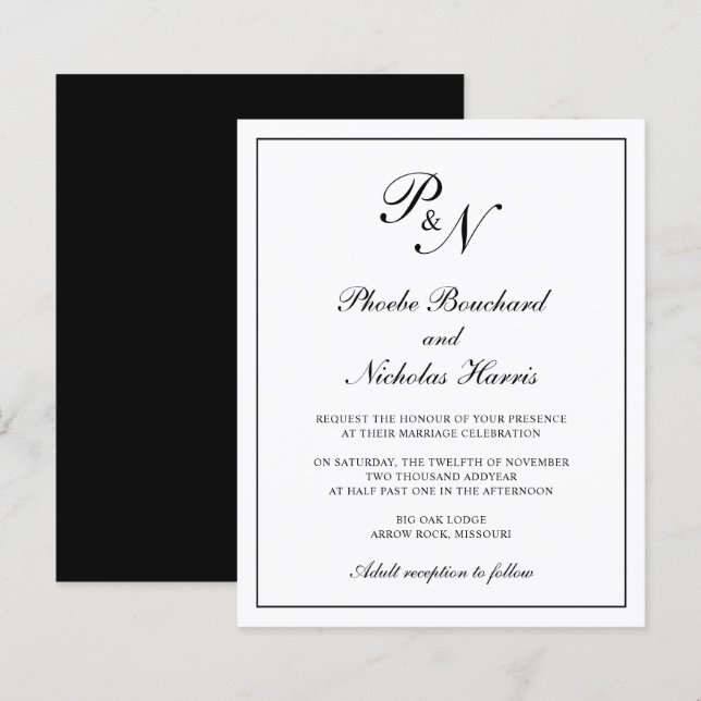 Black and White Elegant Budget Wedding Invite (Front/Back)