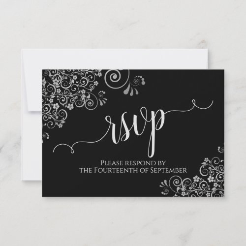 Black and White Elegant Calligraphy Frilly Wedding RSVP Card