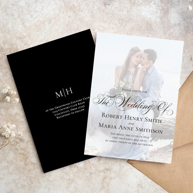 Black and White Elegant Calligraphy Script Photo Invitation (Elegant Black and White Calligraphy Script photo Wedding invitation)