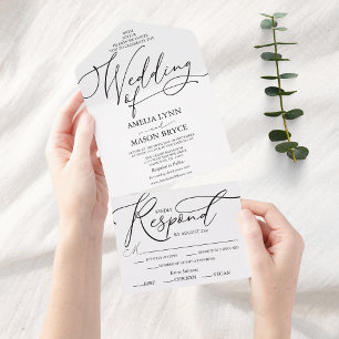 Black and White Elegant Calligraphy Script Wedding All In One Invitation