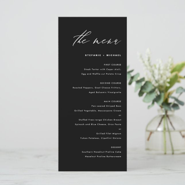 Black and White Elegant Calligraphy Wedding Menu (Standing Front)