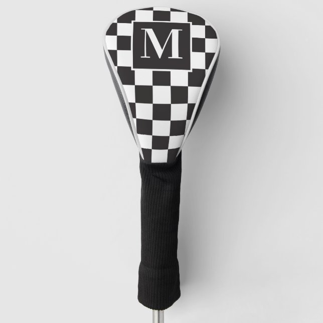Black And White Elegant Checkerboard Monogram Golf Head Cover (Front)