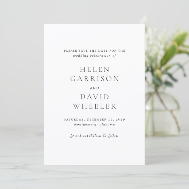 Black and White Elegant Classic Wedding Save The Date (Standing Front)