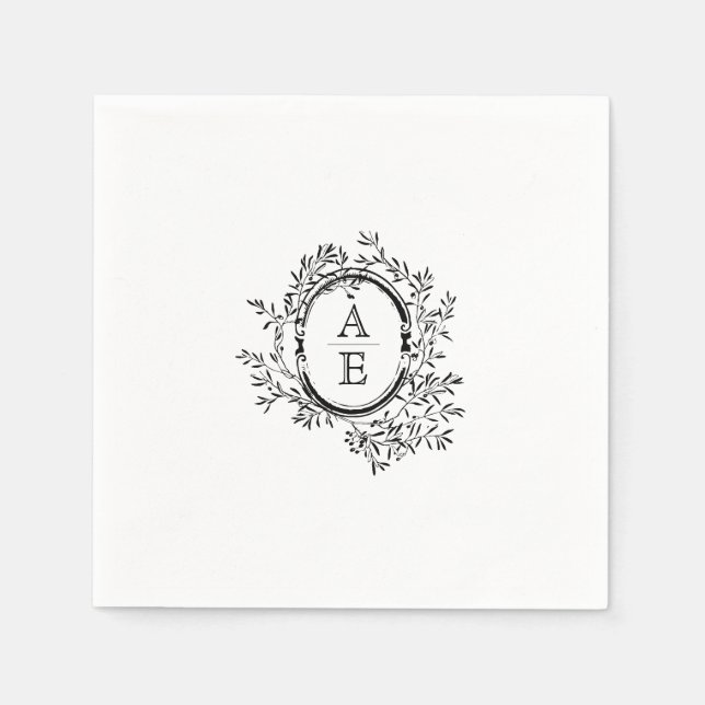 Black and White Elegant Crest Monogram Wedding Napkins (Front)