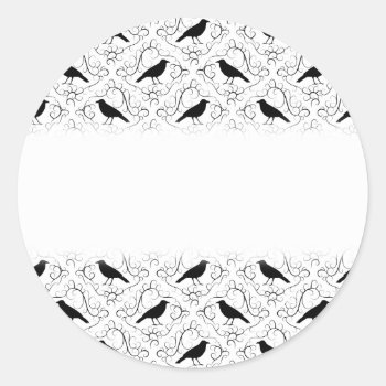 Black And White Elegant Crow Pattern. Classic Round Sticker by Animal_Art_By_Ali at Zazzle