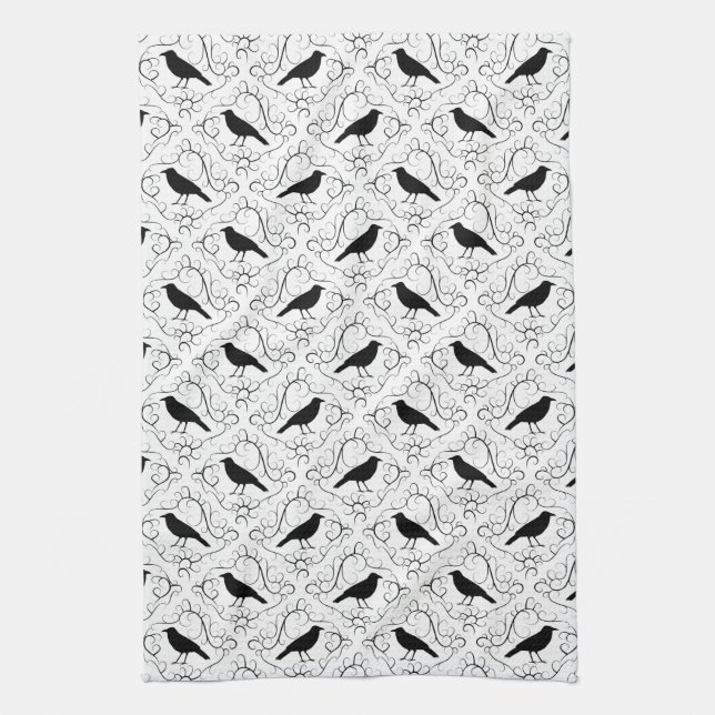 Black and White Elegant Crow Pattern. Towel (Vertical)