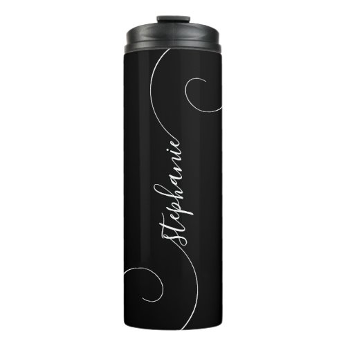 Black and White Elegant Curly Script Name Thermal Tumbler