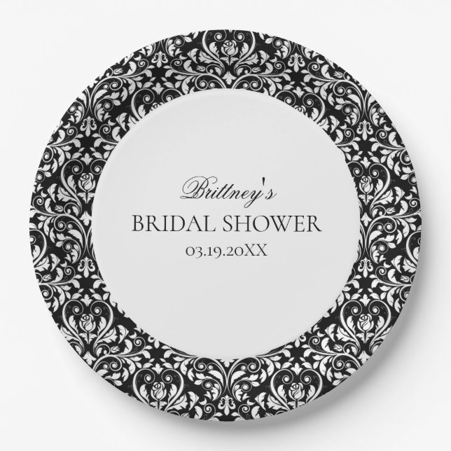 Black And White Elegant Damask Bridal Shower Paper Plates (Front)