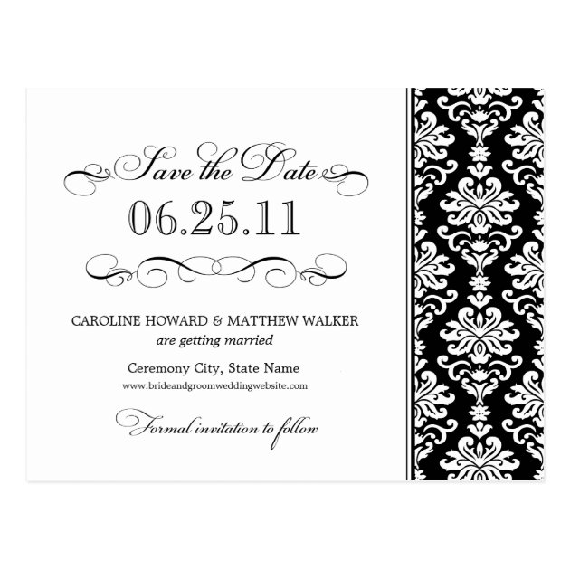 Black And White Elegant Damask Save The Date Postcard