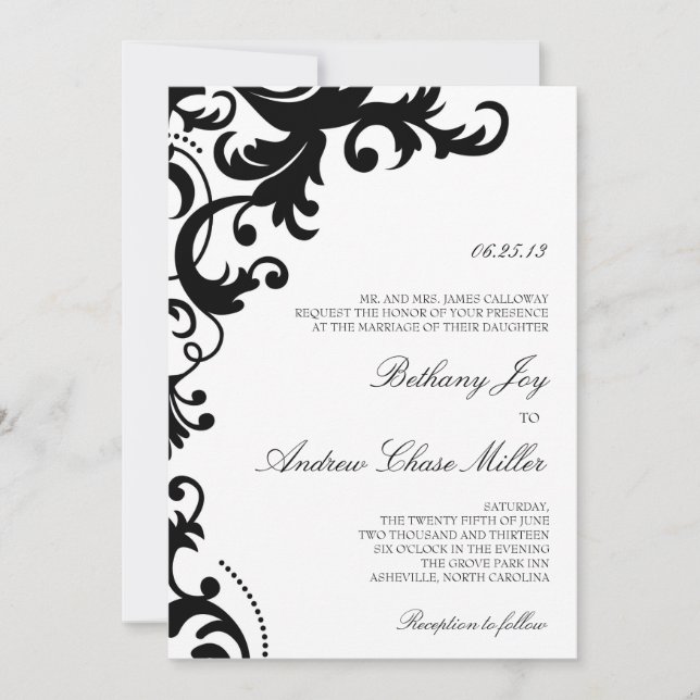 Black and White Elegant Damask Wedding Invitation (Front)