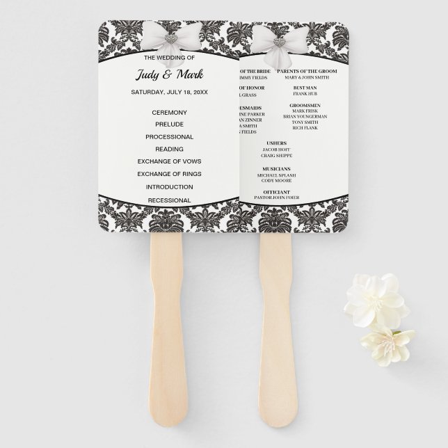 Black And White Elegant Damask Wedding Program Hand Fan (Front and Back)