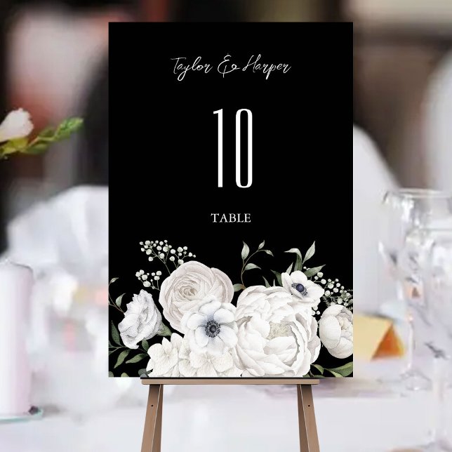 Black and White Elegant Floral Bouquet Modern Table Number (Creator Uploaded)