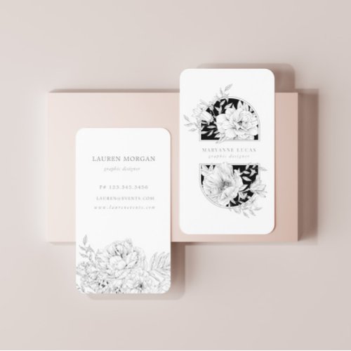 Black And White Elegant Floral Business Card