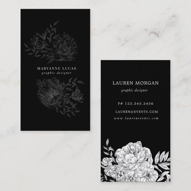 black and white elegant floral business card (Front/Back)