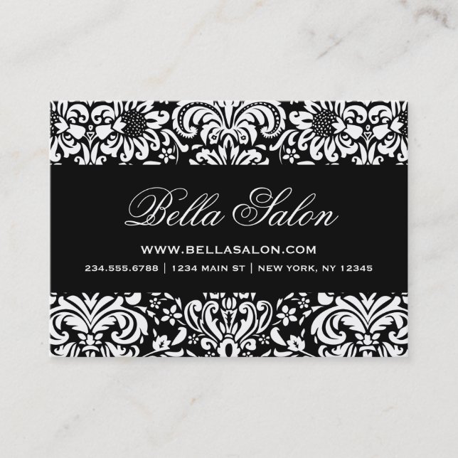 Black and White Elegant Floral Damask Business Card (Front)