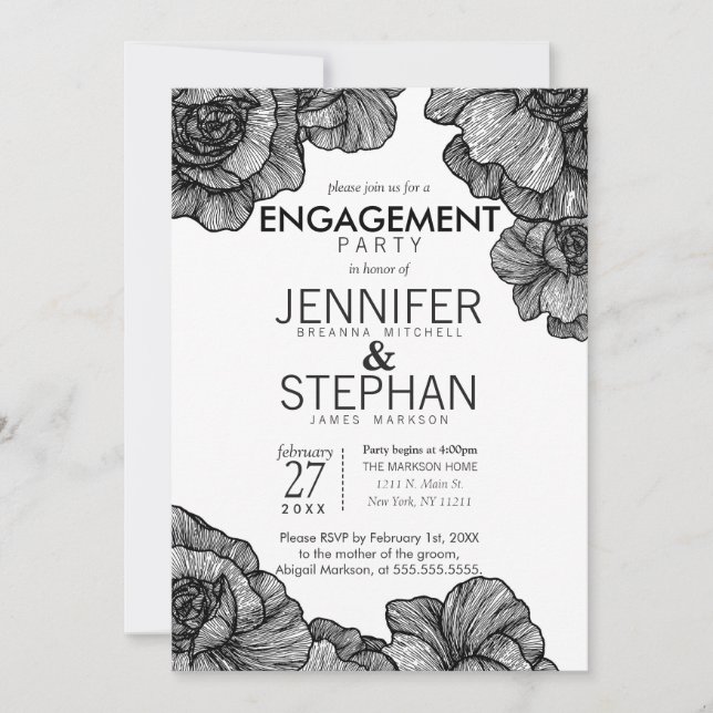 Black and White Elegant Floral Engagement Party Invitation (Front)