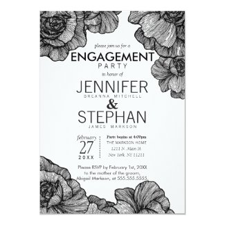 Black and White Elegant Floral Engagement Party Invitation
