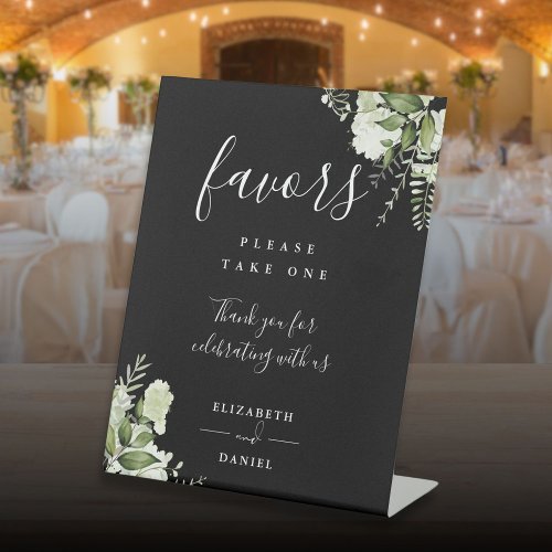 Black And White Elegant Floral Greenery Favors  Pedestal Sign