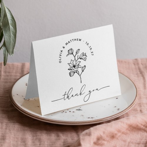 Black and white elegant floral minimalist wedding thank you card