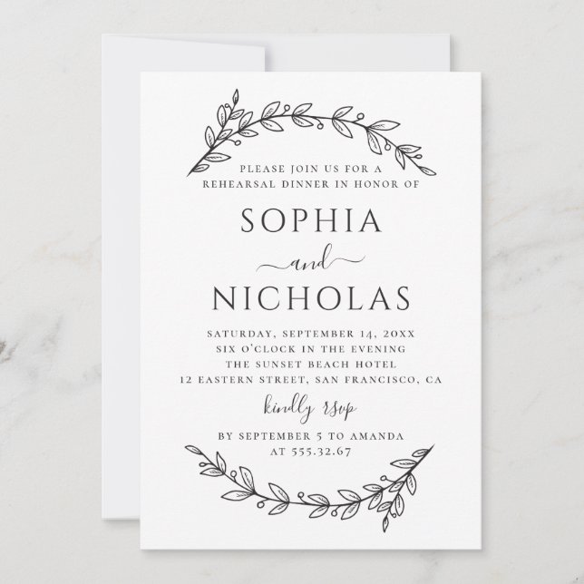 Black and white elegant floral rehearsal dinner invitation (Front)
