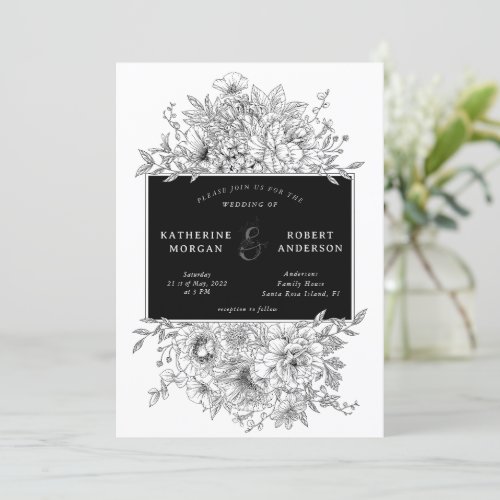 black and white elegant floral wedding invitation