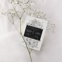 black and white elegant floral wedding invitation