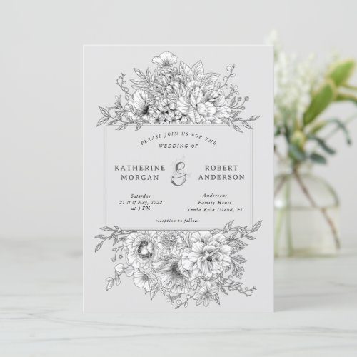 black and white elegant floral wedding invitation