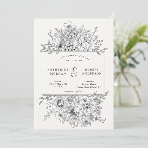 black and white elegant floral wedding invitation