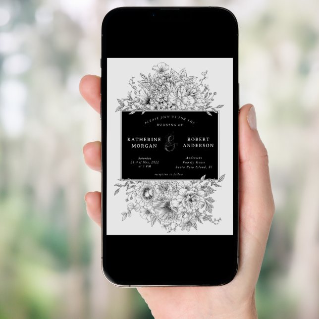 black and white elegant floral wedding invitation (Front Digital)