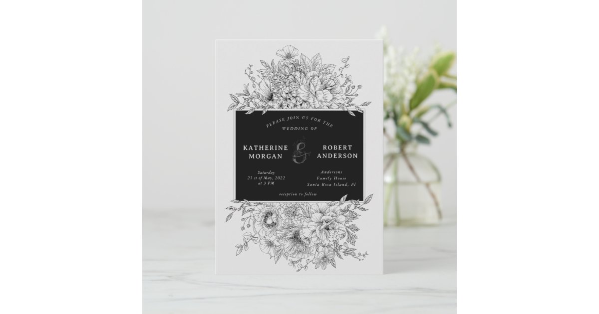 black and white elegant floral wedding invitation | Zazzle