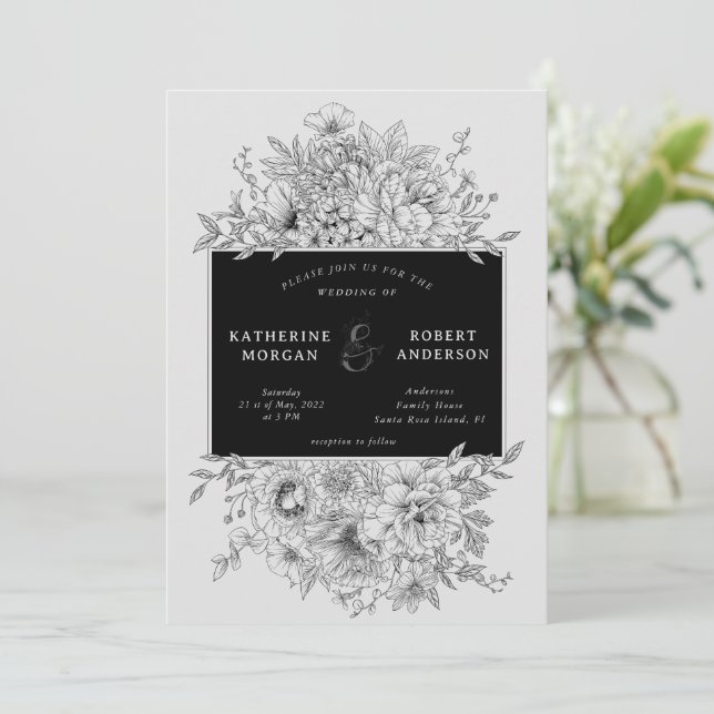black and white elegant floral wedding invitation (Standing Front)