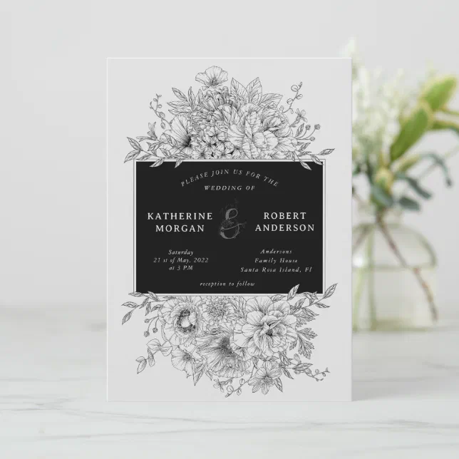 black and white elegant floral wedding invitation | Zazzle