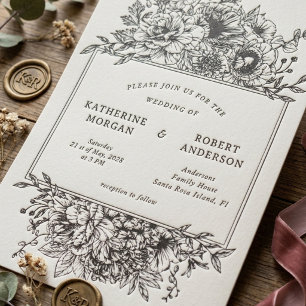Black And White Elegant Floral Wedding Letterpress Invitation