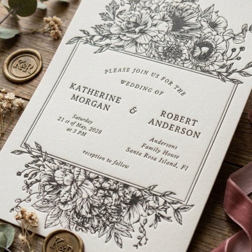 Black And White Elegant Floral Wedding Letterpress Invitation