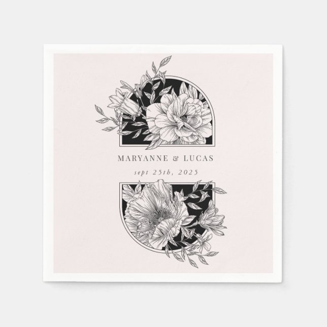 Black and White Elegant Floral Wedding Napkins (Front)