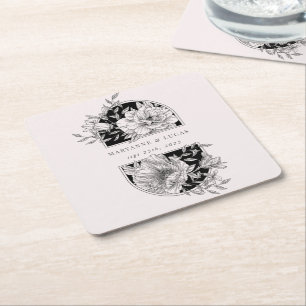 Black and White Elegant Floral Wedding Square Paper Coaster