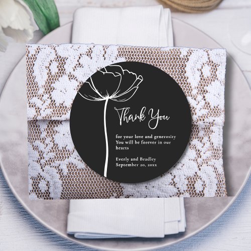 Black and White Elegant Floral Wedding Thank You  Classic Round Sticker