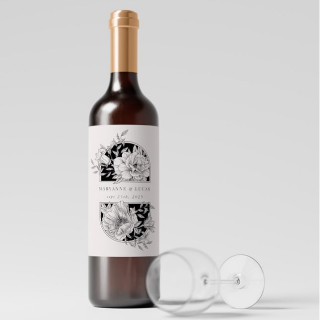 Black and White Elegant Floral Wedding Wine Label (Creator Uploaded)