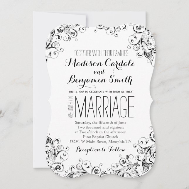 Black and White Elegant Flourish Wedding Invites (Front)