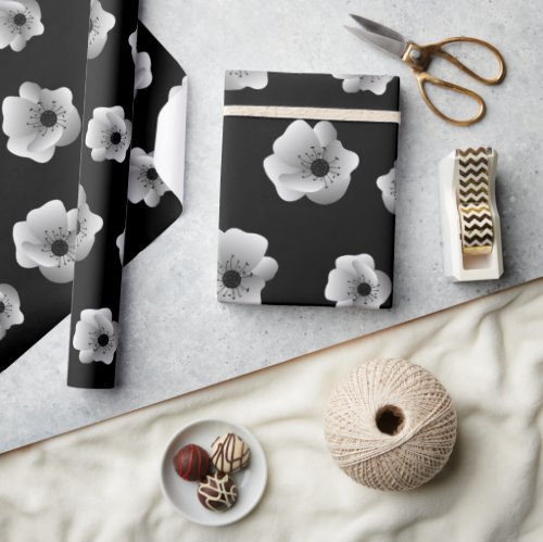 Black and White Elegant Flowers Minimalist Pattern Wrapping Paper