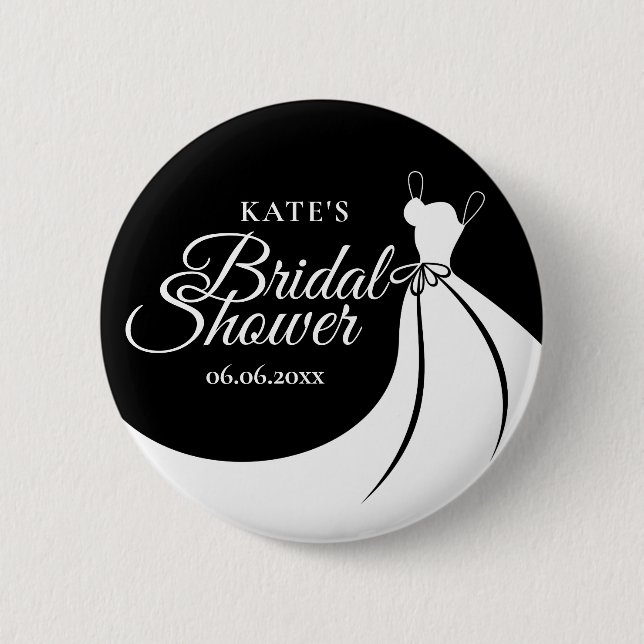 Black and White Elegant Gown Bridal Shower Button (Front)