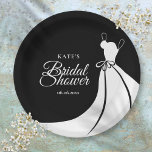 Black and White Elegant Gown Bridal Shower Paper Plates<br><div class="desc">A chic bridal shower paper plate featuring an elegant wedding gown on a black background with a beautiful white script text for your special bridal shower details. Designed by Thisisnotme©</div>