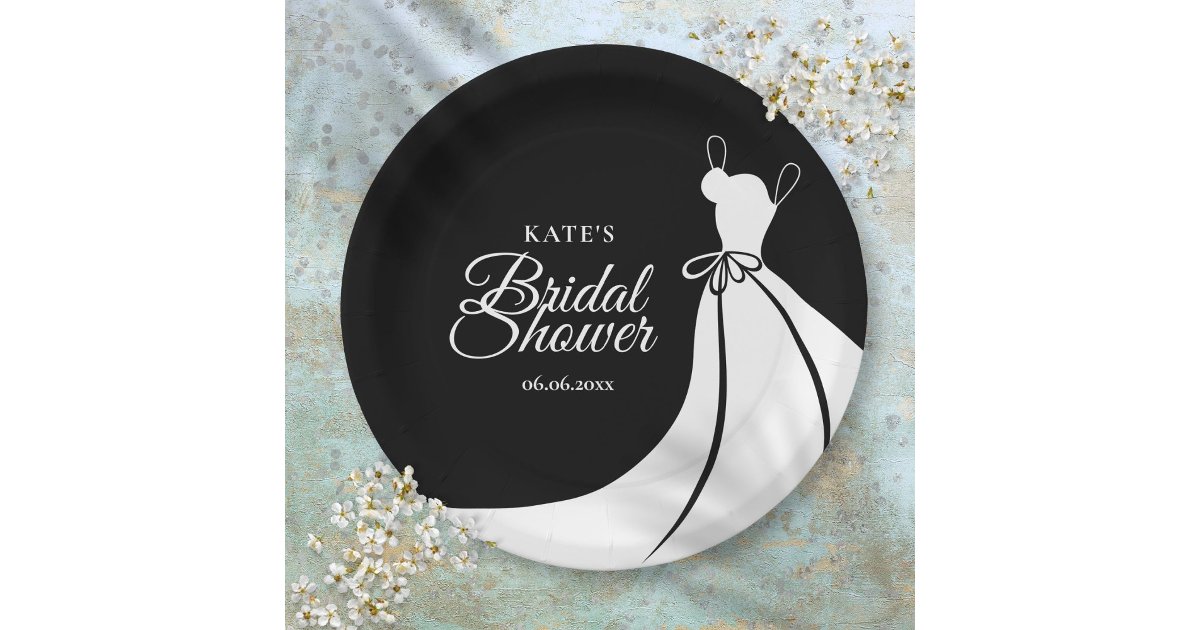 Black and White Elegant Gown Bridal Shower Paper Plates | Zazzle
