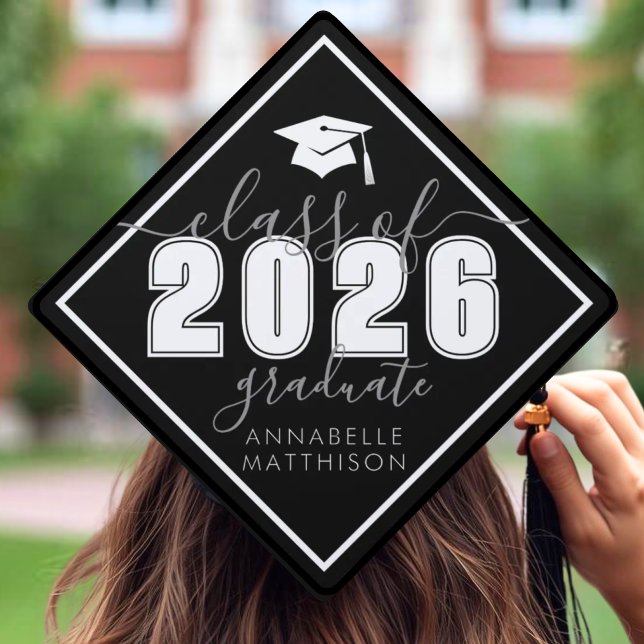 Black And White Elegant Graduation Cap Topper (Class Of 2025 Bold Elegant Black White Graduation Cap Topper )