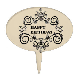 Black And White Elegant Happy Birthday Cake Topper